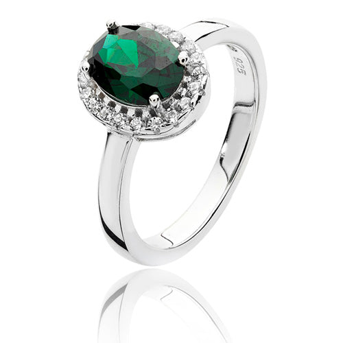 Silver Cz Halo Green & White Oval RING RHODIUM PLATED