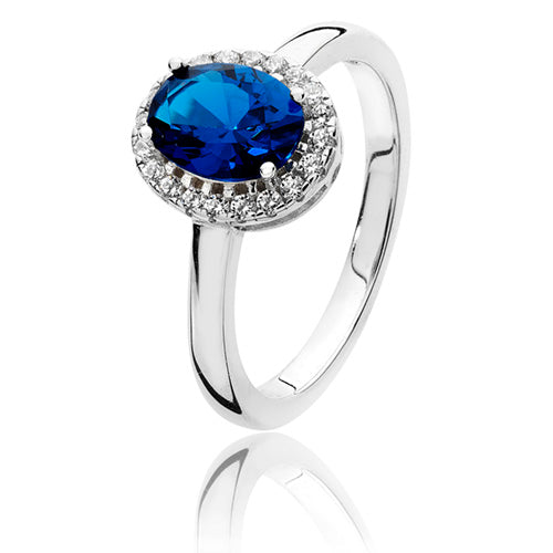 Silver Cz Halo Blue & White Oval Cz Ring Rhodium Plate