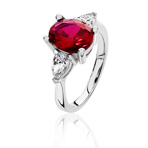 Sterling Silver Simulated Ruby And Cubic Zirconium Three Stone Ring