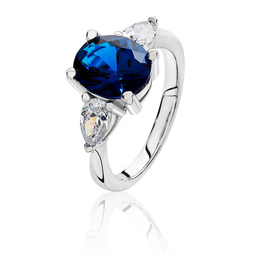 Sterling Silver Simulated Sapphire AAA Cubic Zirconium Three Stone Ring