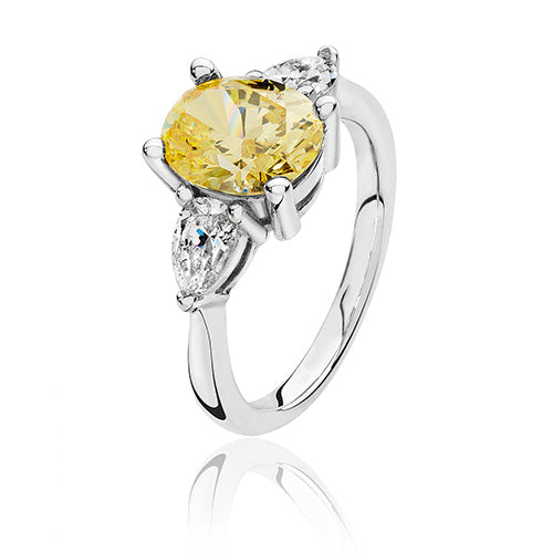 Sterling Silver Simulated Yellow Diamond and Pear shaped AAA Cubic Zirconium Three Stone Ring