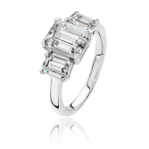 Sterling Silver AAA Cubic Zirconium Baguette Cut Three Stone ring.